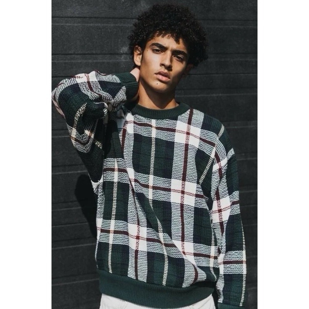 Vintage IZOD Plaid Knit Sweater Men's Sz M Green Tartan 100% Cotton 90s Classic